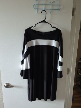 Nina Leonard Black and White Midi Dress with Bold Stripes